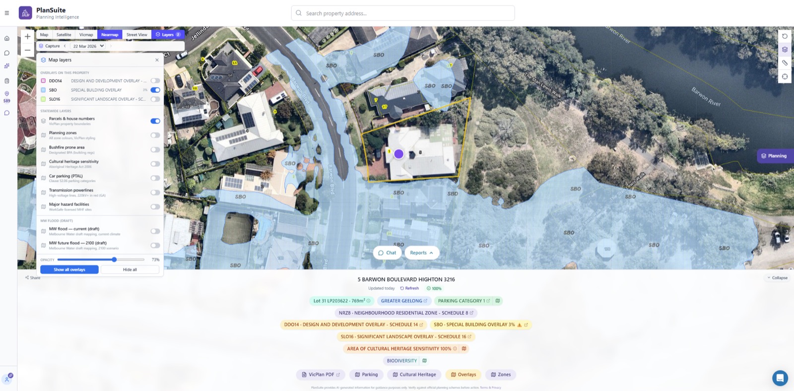 PlanSuite Maps with a Victorian property open, showing the map layers panel, the Special Building Overlay across the site, and the property's zone, overlays, parking category and cultural heritage controls listed beneath the map