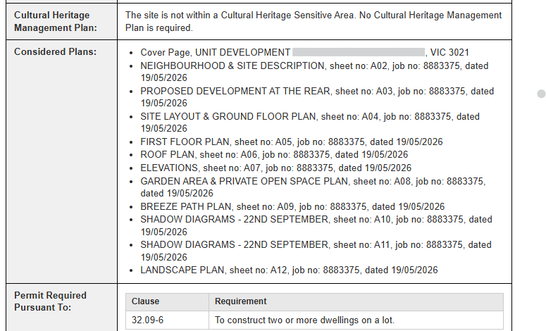 Detail of a PlanSuite-generated Delegate Report showing the cultural heritage finding, the schedule of considered plans and the clause the permit is required under