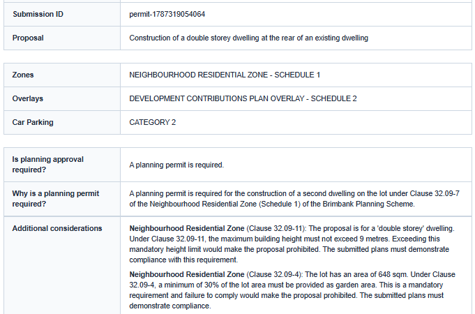 Detail of a PlanSuite-generated Planning Advice Letter showing the proposal, the zone and overlays, whether a permit is required and why